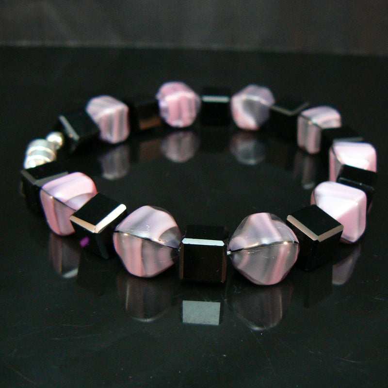 12mm pink/ dark blue swirl Czech glass 4 sided oval beads, 8" strand (18 beads)