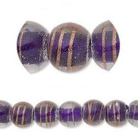 10-12mm color lined dk blue trans clear glass round beads w/ gold stripes, 12pcs