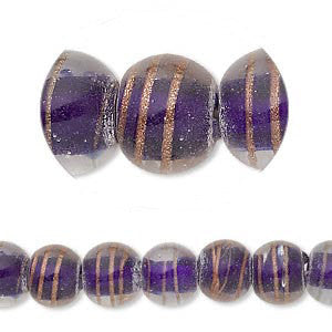10-12mm color lined dk blue trans clear glass round beads w/ gold stripes, 12pcs