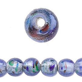 11-12mm foil lined transparent blue glass round beads with confetti dots, 12pcs
