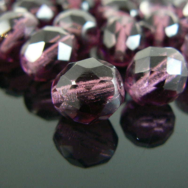 10mm faceted round, amethyst purple, Czech fire polished glass beads, 8" strand