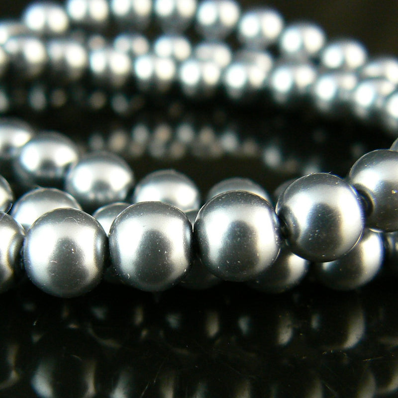 6mm luster gunmetal glass pearls, 7 inch strand