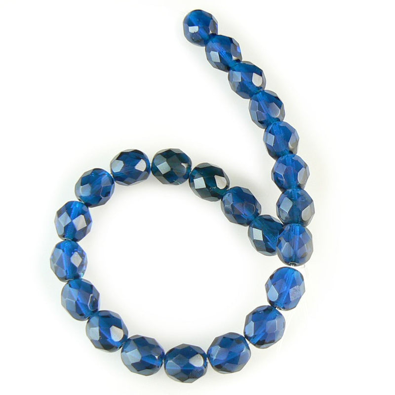 8mm faceted round, capri blue, Czech fire polished glass beads, 7" str ~22 beads