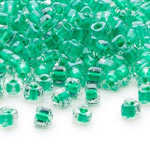 4mm clear color lined Kelly green triangle glass beads Miyuki 1130, 22gm tube