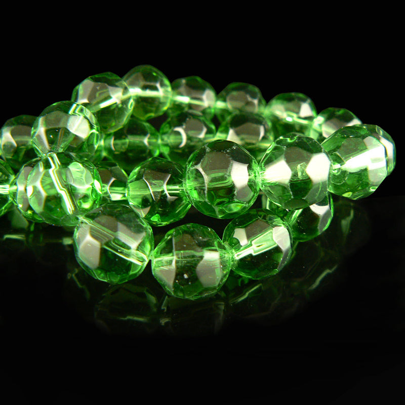 12mm faceted round, spring green, glass beads, 12 inch strand