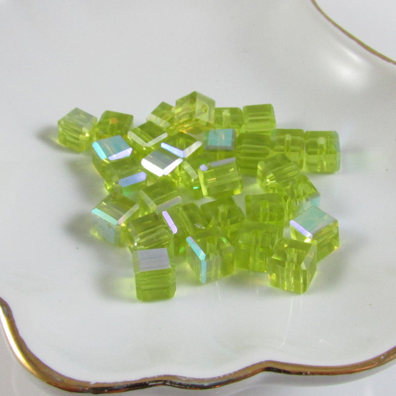 6mm AB peridot green faceted Czech glass crystal cube beads, 7.5" strand, ~30 beads. Elegant | wedding | bridesmaids | Mother's Day | lime