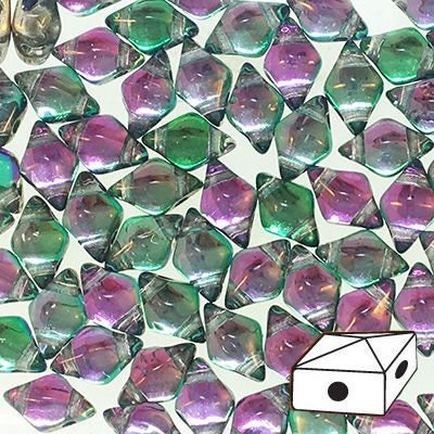5x8mm prismatic watermelon punch (pink, green, clear) DiamonDuo 2 hole beads, 12 gm, ~80 beads