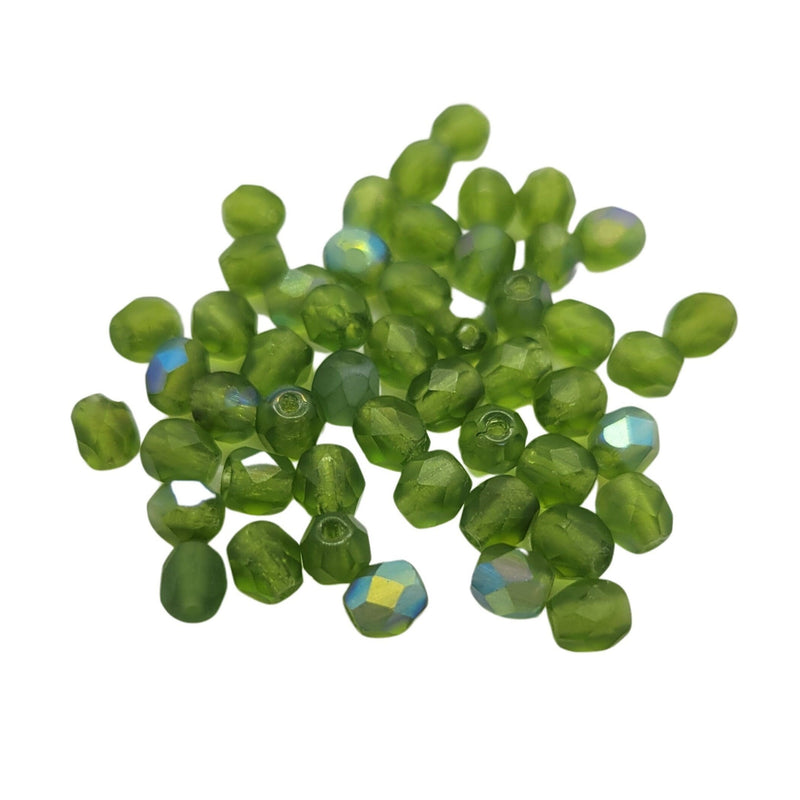 4mm faceted round, AB matte green Czech fire-polished glass beads, 8" strand, ~50 beads