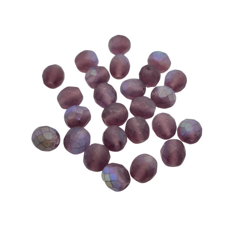 8mm faceted round, AB matte purple Czech fire-polished glass beads, 8" strand, 25 beads. Aurora borealis, spring, Easter, prom, Mardi Gras