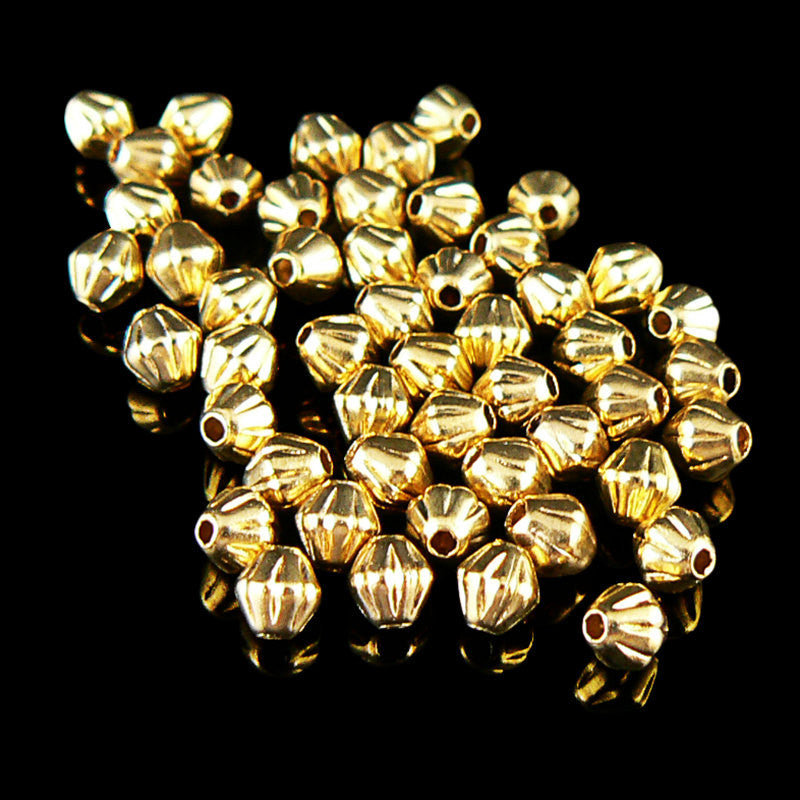 3mm gold plated brass corrugated bi-cone beads, 100 pieces
