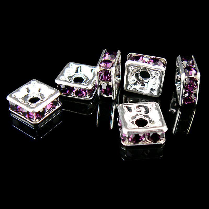 8mm silver plated squardelles with amethyst rhinestones, 6 beads