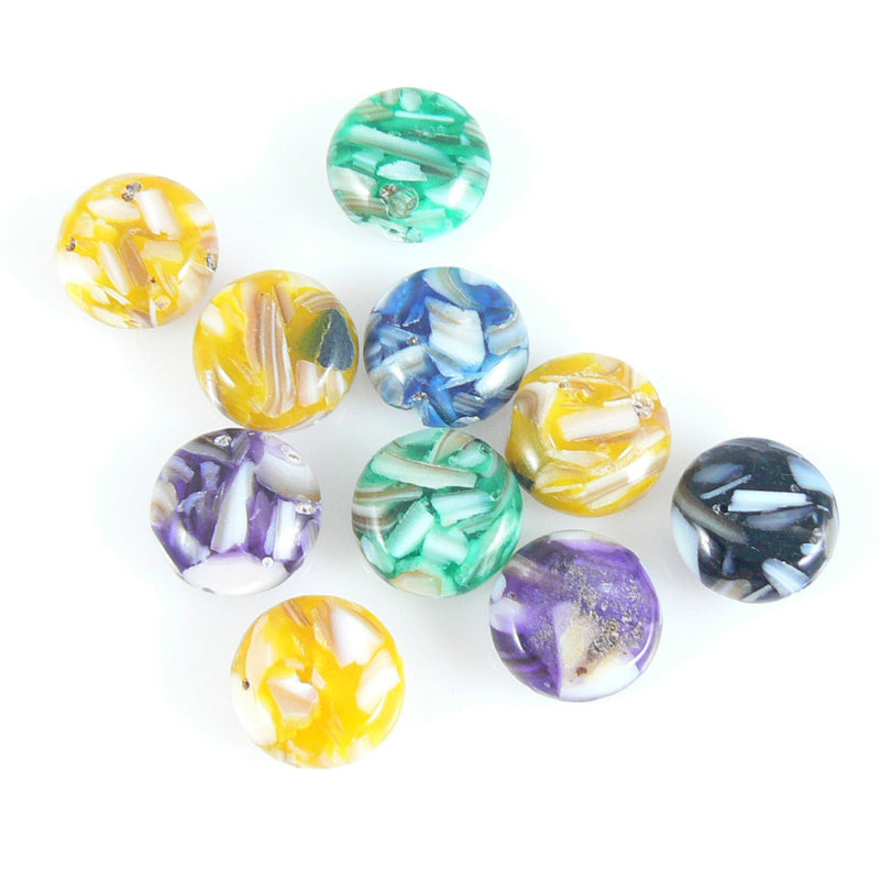 12mm Mother of pearl & resin assorted color puffed, flat coin beads, 13 pcs.