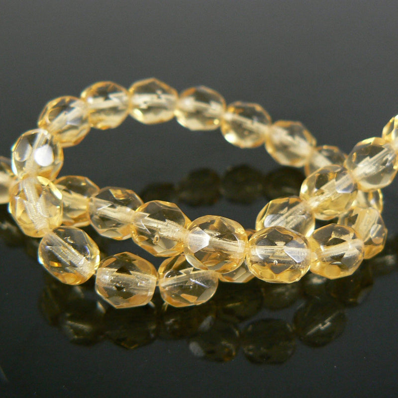 6mm faceted round honey Czech fire polished glass beads, 100 beads