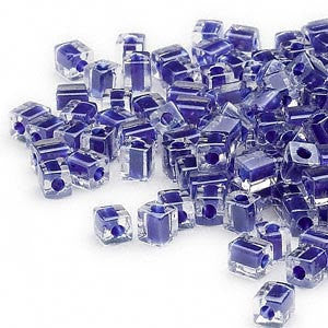 4mm clear color lined cobalt blue square beads, Miyuki SB239, 20 gm, ~208 beads