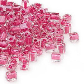 4mm clear color lined metallic pink square beads, Miyuki SB2603, 20g, ~208 beads