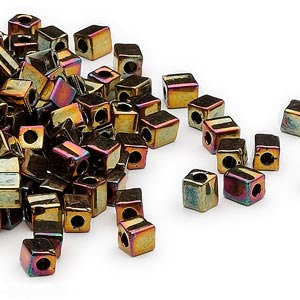 4mm opaque metallic bronze iris square beads, Miyuki # SB462, 20gm, ~208 beads