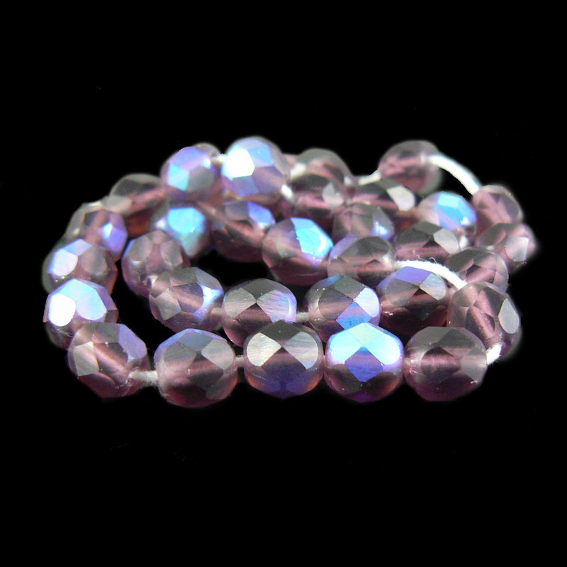 6mm facet round, AB matte purple Czech fire polish glass beads, 8" str, 33 beads